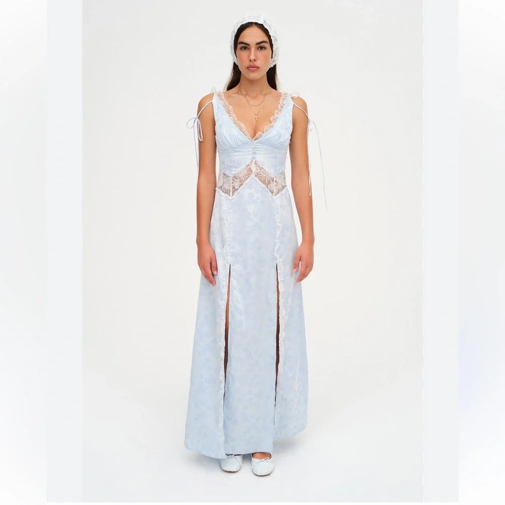 NWT For Love & Lemons Hattie Satin Slip Maxi Dress Blue Floral Lace Size XS - Picture 1 of 11